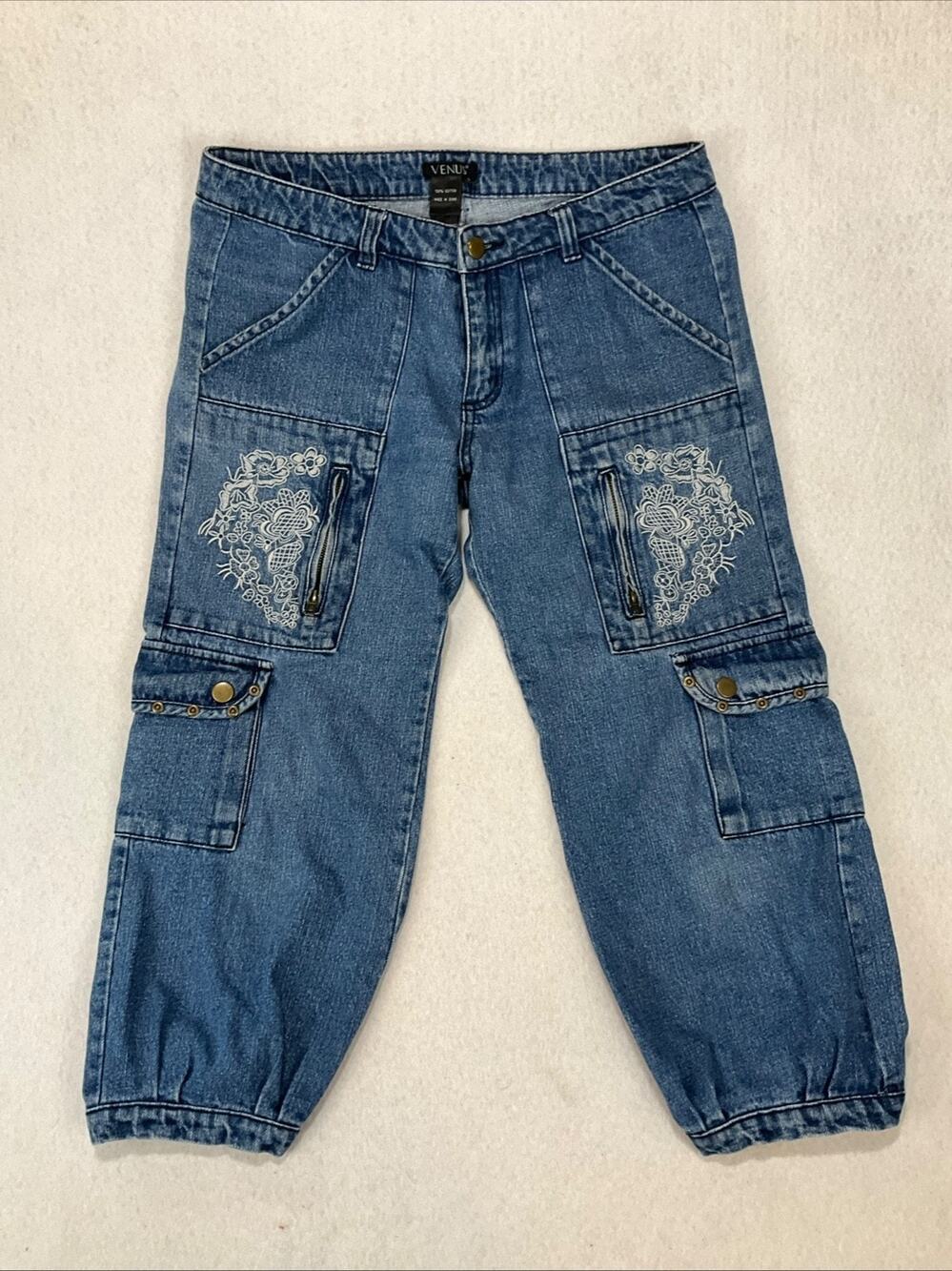Venus Y2K Crop Jogger Sz 8 Embroidered 100% Cotton Cargo Pockets Blue Jean Boho